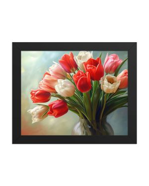 Colourful Tulips: Red, White, Pink Oil Painting (Framed Print)