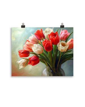 Colourful Tulips: Red, White, Pink: Oil Painting (Print Only)