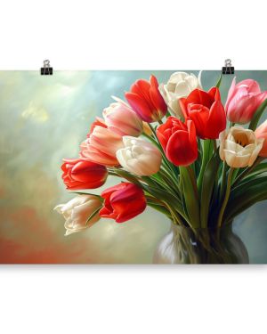 Colourful Tulips: Red, White, Pink: Oil Painting (Print Only)